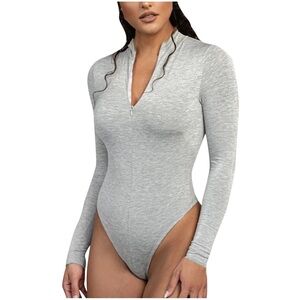 Gray Long Sleeve Bodysuit With Front Zipper